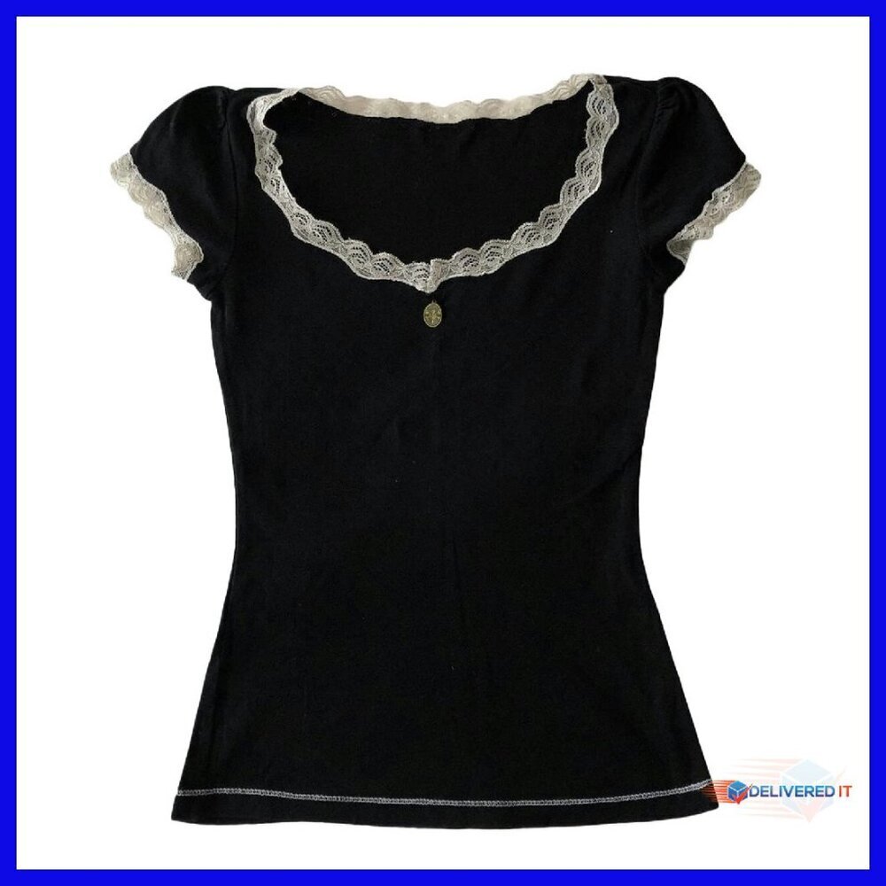 Short Sleeve Crop Top with Lace Trim, Polyester, Y2K Fairy Grunge Tee